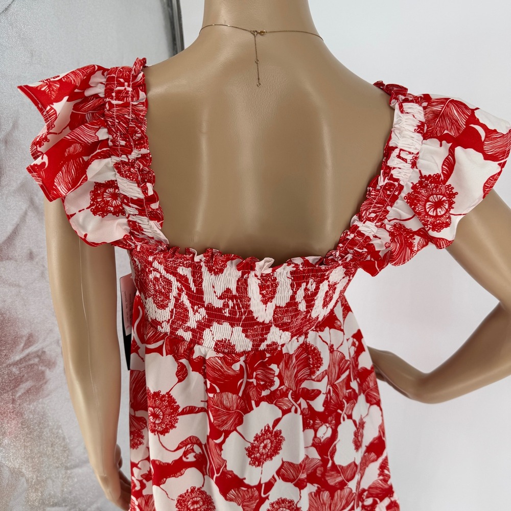Adrianna Papell Red White Floral Smocked Ruffle Sun Dress Womens Size 6 NEW - Picture 4 of 16